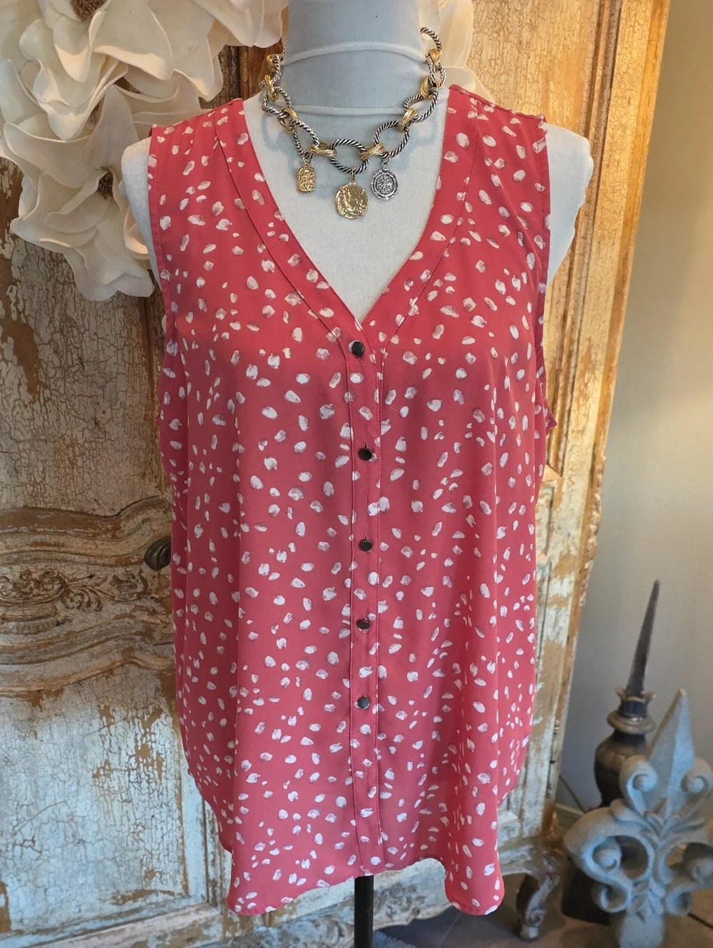 Maurices Coral Sleeveless V-Neck Button Front Tank with White Spot Print - Picture 1 of 6